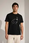 Erkek Köpek Figürlü Minimal Baskılı Tişört Kısa Kol Yazlık T-Shirt - Siyah-1