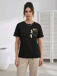 Sevimli Kedi Cep Baskılı Tişört Kısa Kol Yazlık T-Shirt - Siyah-3