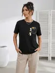 Sevimli Kedi Cep Baskılı Tişört Kısa Kol Yazlık T-Shirt - Siyah-1