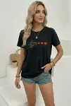 Minimal Kalp İşaret Baskılı Tişört Kısa Kol Yazlık T-Shirt - Siyah-3