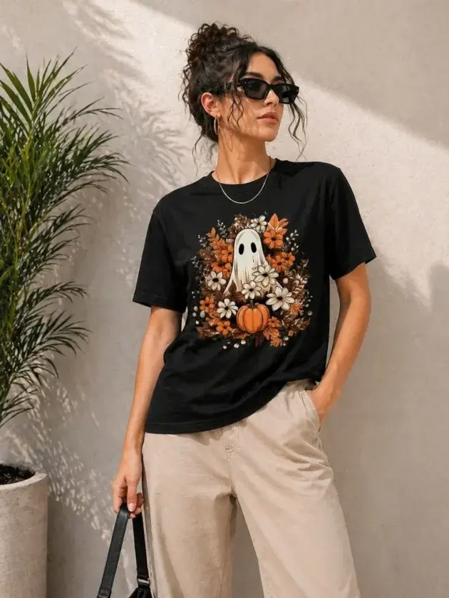 Balkabağı Hayalet Baskılı Tişört Kısa Kol Yazlık T-Shirt - Siyah-1 Balkabağı Hayalet Baskılı Tişört Kısa Kol Yazlık T-Shirt - Siyah-1