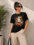 Balkabağı Hayalet Baskılı Tişört Kısa Kol Yazlık T-Shirt - Siyah-1