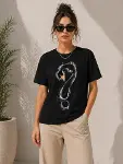 Kuğu Figürlü Soru İşareti Baskılı Tişört Kısa Kol T-Shirt - Siyah-2