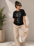 Kuğu Figürlü Soru İşareti Baskılı Tişört Kısa Kol T-Shirt - Siyah-3