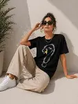 Kuğu Figürlü Soru İşareti Baskılı Tişört Kısa Kol T-Shirt - Siyah-1