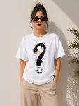 Kuğu Figürlü Soru İşareti Baskılı Tişört Kısa Kol T-Shirt - Beyaz-2
