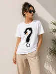 Kuğu Figürlü Soru İşareti Baskılı Tişört Kısa Kol T-Shirt - Beyaz-3