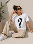 Kuğu Figürlü Soru İşareti Baskılı Tişört Kısa Kol T-Shirt - Beyaz-1