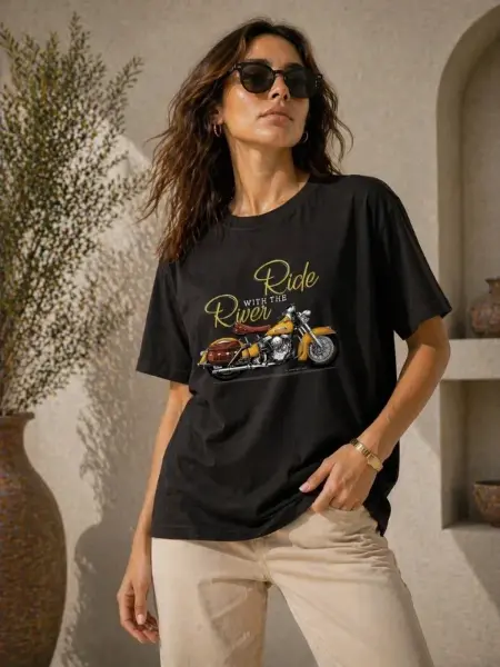 Motosiklet Baskılı Tişört Bisiklet Yaka Kısa Kol Yazlık T-Shirt - Siyah