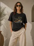 Motosiklet Baskılı Tişört Bisiklet Yaka Kısa Kol Yazlık T-Shirt - Siyah-3