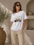 Motosiklet Baskılı Tişört Bisiklet Yaka Kısa Kol Yazlık T-Shirt - Beyaz-3