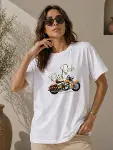 Motosiklet Baskılı Tişört Bisiklet Yaka Kısa Kol Yazlık T-Shirt - Beyaz-1