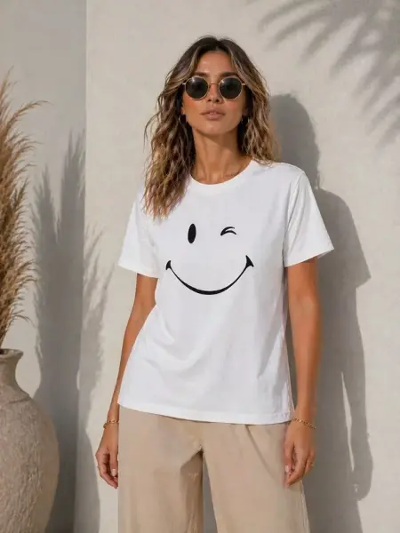 Minimal Gülümseyen Yüz Baskılı Tişört Kısa Kol Yazlık T-Shirt - Beyaz