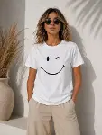 Minimal Gülümseyen Yüz Baskılı Tişört Kısa Kol Yazlık T-Shirt - Beyaz-2