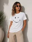 Minimal Gülümseyen Yüz Baskılı Tişört Kısa Kol Yazlık T-Shirt - Beyaz-3