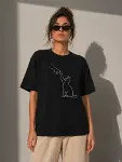 Minimal Kedi Çizim Baskılı Tişört Kısa Kol Yazlık T-Shirt - Siyah-3