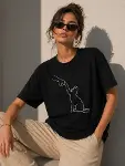 Minimal Kedi Çizim Baskılı Tişört Kısa Kol Yazlık T-Shirt - Siyah-4