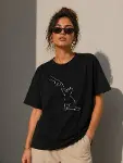 Minimal Kedi Çizim Baskılı Tişört Kısa Kol Yazlık T-Shirt - Siyah-1