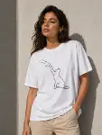 Minimal Kedi Çizim Baskılı Tişört Kısa Kol Yazlık T-Shirt - Beyaz-2