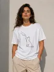 Minimal Kedi Çizim Baskılı Tişört Kısa Kol Yazlık T-Shirt - Beyaz-3