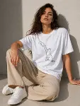 Minimal Kedi Çizim Baskılı Tişört Kısa Kol Yazlık T-Shirt - Beyaz-4