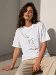 Minimal Kedi Çizim Baskılı Tişört Kısa Kol Yazlık T-Shirt - Beyaz-1