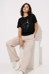 Köpek Figürlü Minimal Baskılı Tişört Kısa Kol Yazlık T-Shirt - Siyah-3