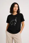 Köpek Figürlü Minimal Baskılı Tişört Kısa Kol Yazlık T-Shirt - Siyah-4