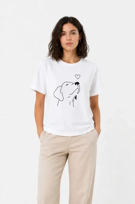 Köpek Figürlü Minimal Baskılı Tişört Kısa Kol Yazlık T-Shirt - Beyaz-1 Köpek Figürlü Minimal Baskılı Tişört Kısa Kol Yazlık T-Shirt - Beyaz-1