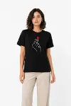 Kore Parmak Kalp Aşk Temalı Minimal Baskılı Tişört Yazlık Kısa Kol T-Shirt - Siyah-3
