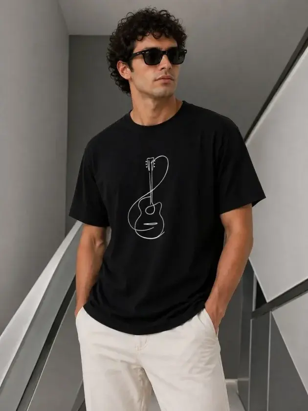 Erkek Minimal Gitar Baskılı Tişört T-Shirt Yazlık Kısa Kol Bisiklet Yaka T-Shirt - Siyah-1 Erkek Minimal Gitar Baskılı Tişört T-Shirt Yazlık Kısa Kol Bisiklet Yaka T-Shirt - Siyah-1