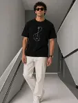 Erkek Minimal Gitar Baskılı Tişört T-Shirt Yazlık Kısa Kol Bisiklet Yaka T-Shirt - Siyah-2