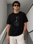 Erkek Minimal Gitar Baskılı Tişört T-Shirt Yazlık Kısa Kol Bisiklet Yaka T-Shirt - Siyah-3