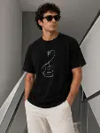 Erkek Minimal Gitar Baskılı Tişört T-Shirt Yazlık Kısa Kol Bisiklet Yaka T-Shirt - Siyah-1
