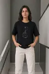 Minimal Gitar Baskılı Tişört T-Shirt Yazlık Kısa Kol Bisiklet Yaka T-Shirt - Siyah-2