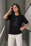 Minimal Gitar Baskılı Tişört T-Shirt Yazlık Kısa Kol Bisiklet Yaka T-Shirt - Siyah-3