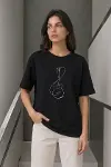 Minimal Gitar Baskılı Tişört T-Shirt Yazlık Kısa Kol Bisiklet Yaka T-Shirt - Siyah-1