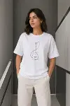 Minimal Gitar Baskılı Tişört T-Shirt Yazlık Kısa Kol Bisiklet Yaka T-Shirt  - Beyaz-3