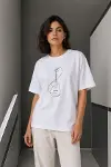 Minimal Gitar Baskılı Tişört T-Shirt Yazlık Kısa Kol Bisiklet Yaka T-Shirt  - Beyaz-1