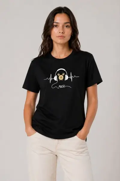 Müzik Temalı Baskılı Tişört Bisiklet Yaka Kısa Kol T-Shirt - Siyah