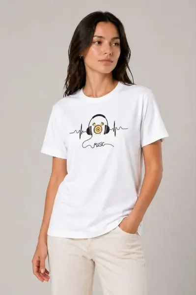 Müzik Temalı Baskılı Tişört Bisiklet Yaka Kısa Kol T-Shirt - Beyaz