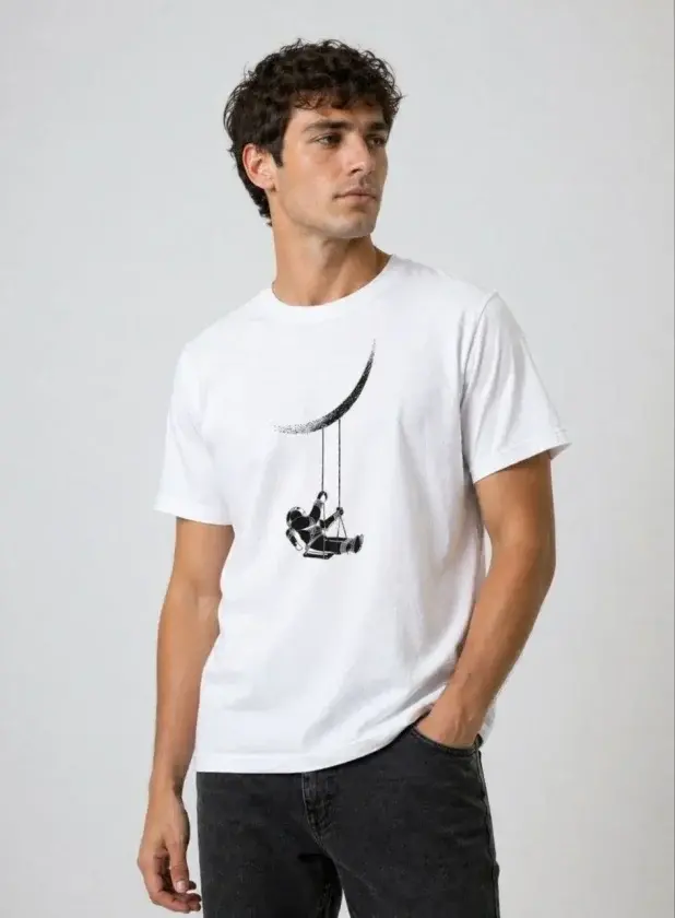 Erkek Astronot Ay Temalı Tişört Kısa Kol Yazlık Bisiklet Yaka T-Shirt - Beyaz-1 Erkek Astronot Ay Temalı Tişört Kısa Kol Yazlık Bisiklet Yaka T-Shirt - Beyaz-1