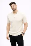 Erkek Yazlık Triko Tişört Kısa Kol Polo Yaka Düğmeli T-Shirt - Krem-3