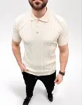 Erkek Yazlık Triko Tişört Kısa Kol Polo Yaka Düğmeli T-Shirt - Krem-4