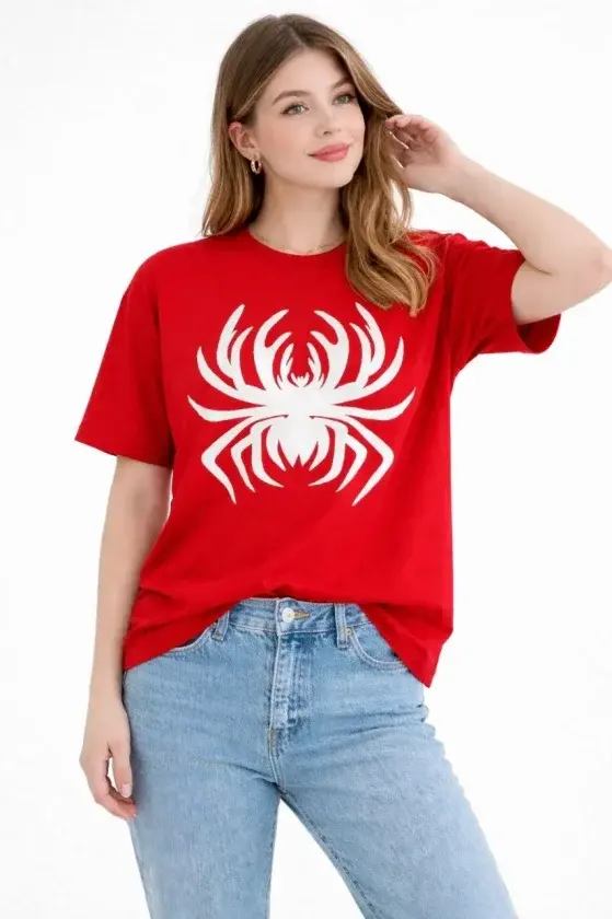 Örümcek Baskılı Tişört Kısa Kollu Bisiklet Yaka T-Shirt - Kırmızı-1 Örümcek Baskılı Tişört Kısa Kollu Bisiklet Yaka T-Shirt - Kırmızı-1