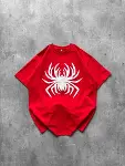 Örümcek Baskılı Tişört Kısa Kollu Bisiklet Yaka T-Shirt - Kırmızı-4