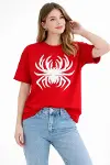 Örümcek Baskılı Tişört Kısa Kollu Bisiklet Yaka T-Shirt - Kırmızı-1