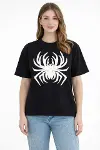 Örümcek Baskılı Tişört Kısa Kollu Bisiklet Yaka T-Shirt - Siyah-3