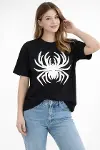 Örümcek Baskılı Tişört Kısa Kollu Bisiklet Yaka T-Shirt - Siyah-1