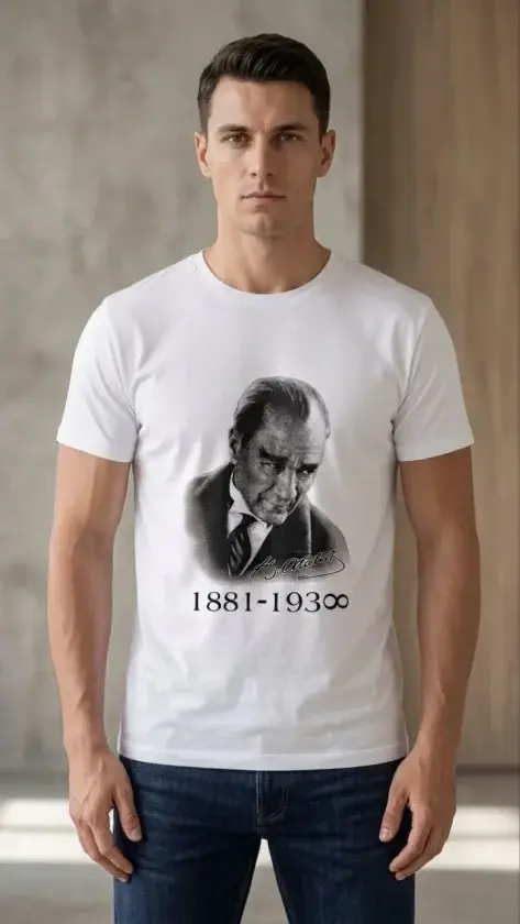 Erkek Atatürk Baskılı Tişört Kısa Kollu Bisiklet Yaka T-Shirt - Beyaz-1 Erkek Atatürk Baskılı Tişört Kısa Kollu Bisiklet Yaka T-Shirt - Beyaz-1